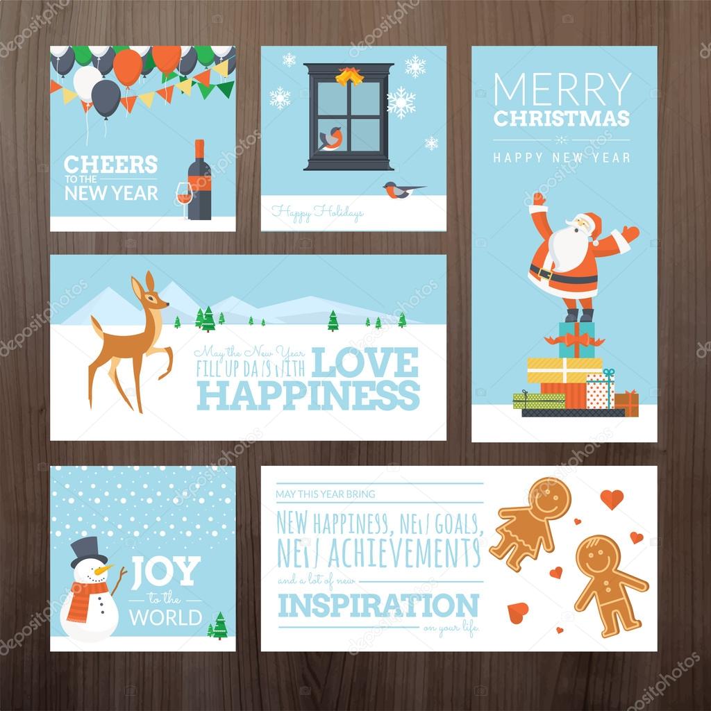 Set of flat design Christmas and New Year greeting cards and banners