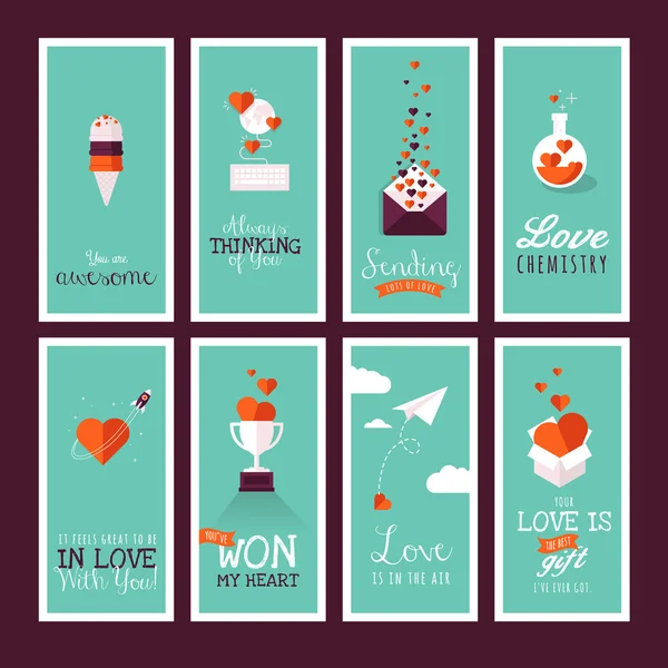 Conjunto de tarjetas de felicitación de San Valentín de diseño plano moderno — Vector de stock