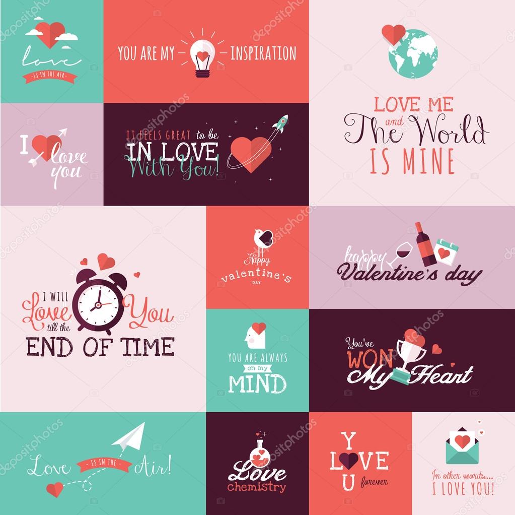 Set of flat design Valentines day signs for greeting card, web banner, badge, ad and printed materials
