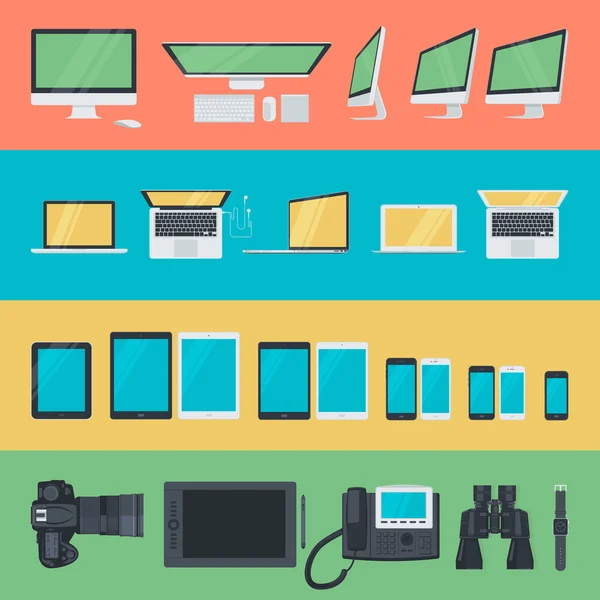Conjunto de ícones de design plano de dispositivos eletrônicos — Vetor de Stock