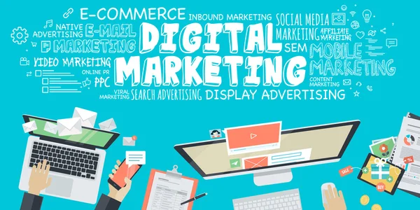 Conceito de ilustração de design plano para marketing digital — Vetor de Stock