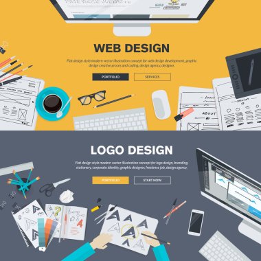 Web tasarım geliştirme, logo tasarım, grafik tasarım, tasarım ajansı için düz tasarım illüstrasyon kavramlar