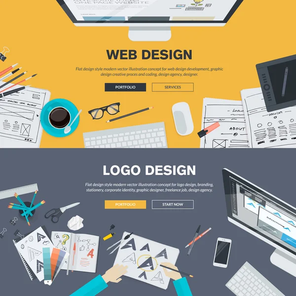 Web tasarım geliştirme, logo tasarım, grafik tasarım, tasarım ajansı için düz tasarım illüstrasyon kavramlar — Stok Vektör