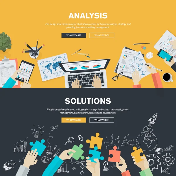 Conceitos de ilustração de design plano para análise de negócios, estratégia e planejamento, finanças, consultoria, gestão, trabalho em equipe, gerenciamento de projetos, brainstorming, pesquisa e desenvolvimento — Vetor de Stock