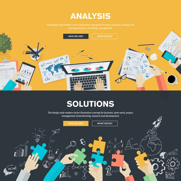 Platt design illustration koncept för affärsanalys, strategi och planering, finansiering, consulting, management, lagarbete, projektledning, kreativitet, forskning och utveckling — Stock vektor