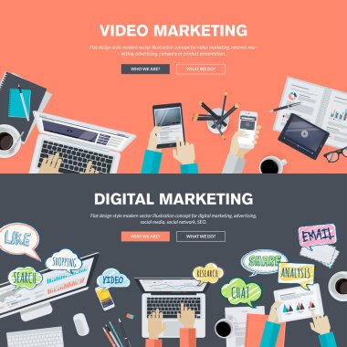 Set of flat design illustration concepts for video and digital marketing