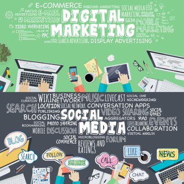 Düz tasarım illüstrasyon kavramlar Digital kümesi pazarlama ve sosyal medya