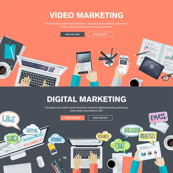 Flachbild-Illustrationskonzepte für Video und digitales Marketing — Stockvektor