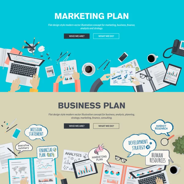 Ensemble de concepts d'illustration de design plat pour le plan d'affaires et le plan de marketing — Image vectorielle