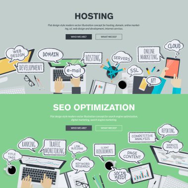 Hosting için düz tasarım afiş kümesi ve Seo