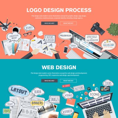 Düz tasarım afiş logo ve web tasarım geliştirme için kümesi