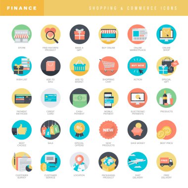 Online alışveriş ve e-ticaret için düz tasarım simgeler kümesi