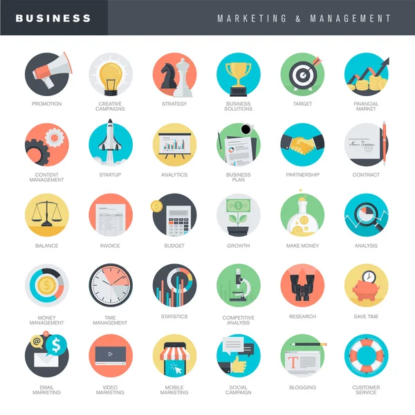 Conjunto de iconos de diseño plano para negocios y marketing — Archivo Imágenes Vectoriales