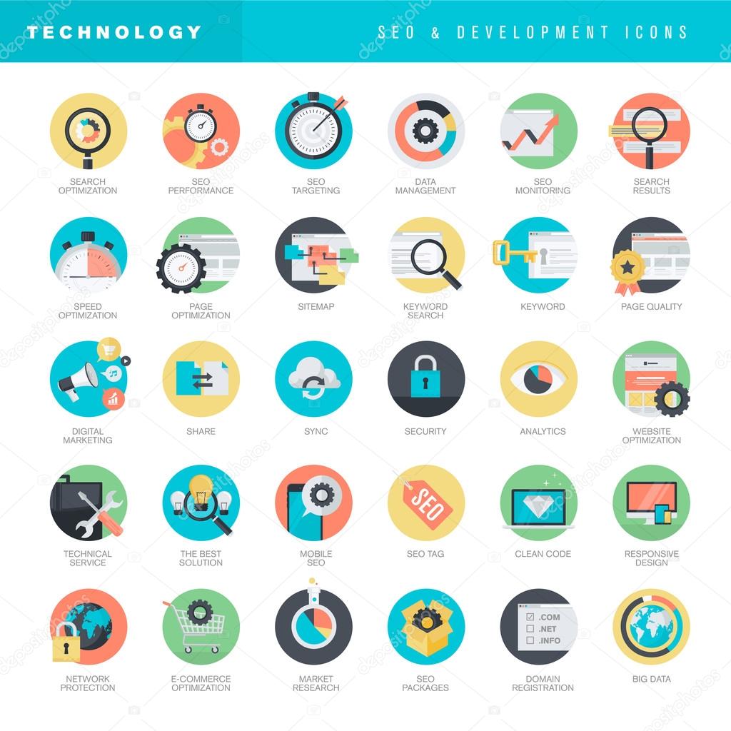 Set of flat design icons for SEO and website development