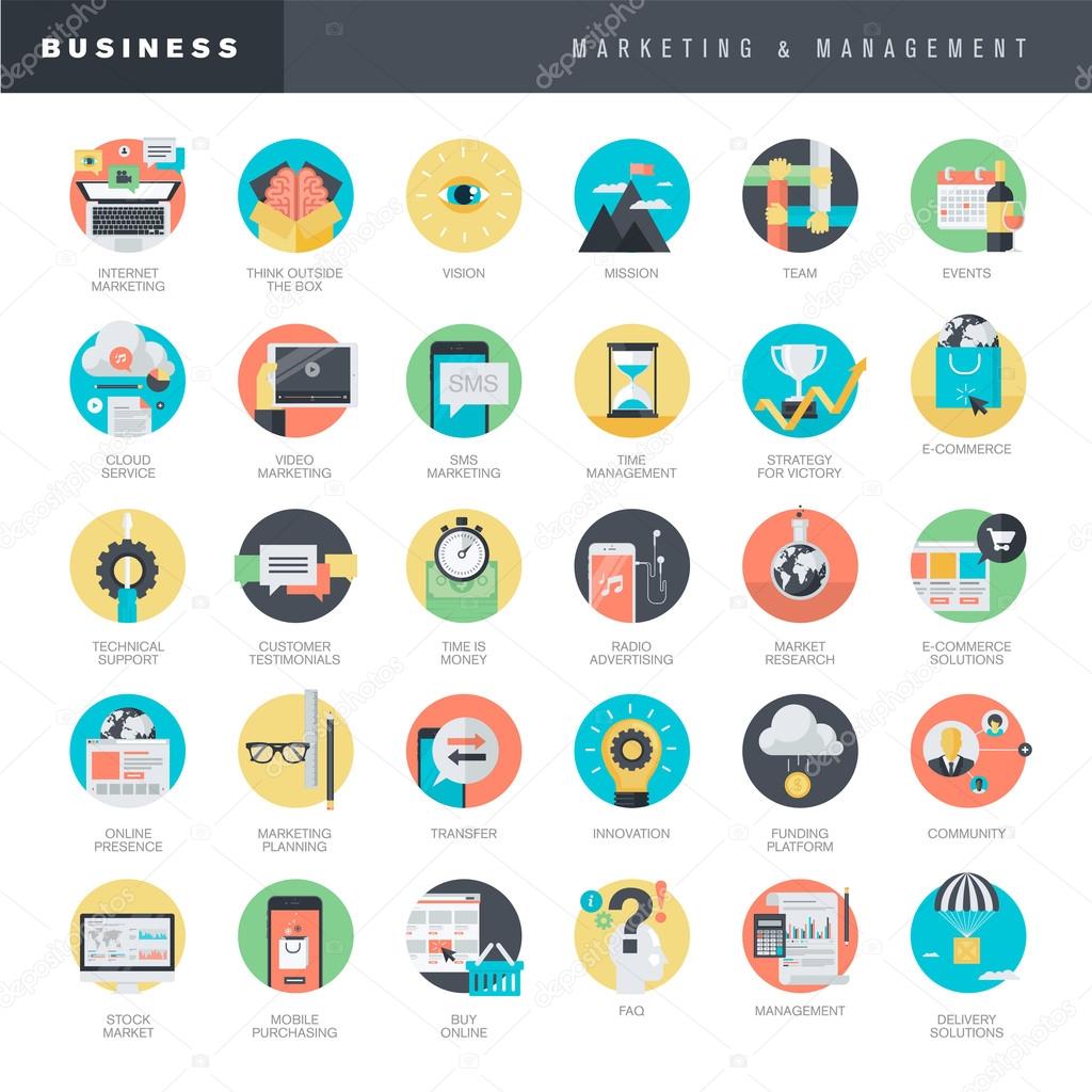 Set of flat design icons for marketing and management