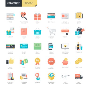 Set of modern flat design online shopping and e-commerce icons for graphic and web designers
