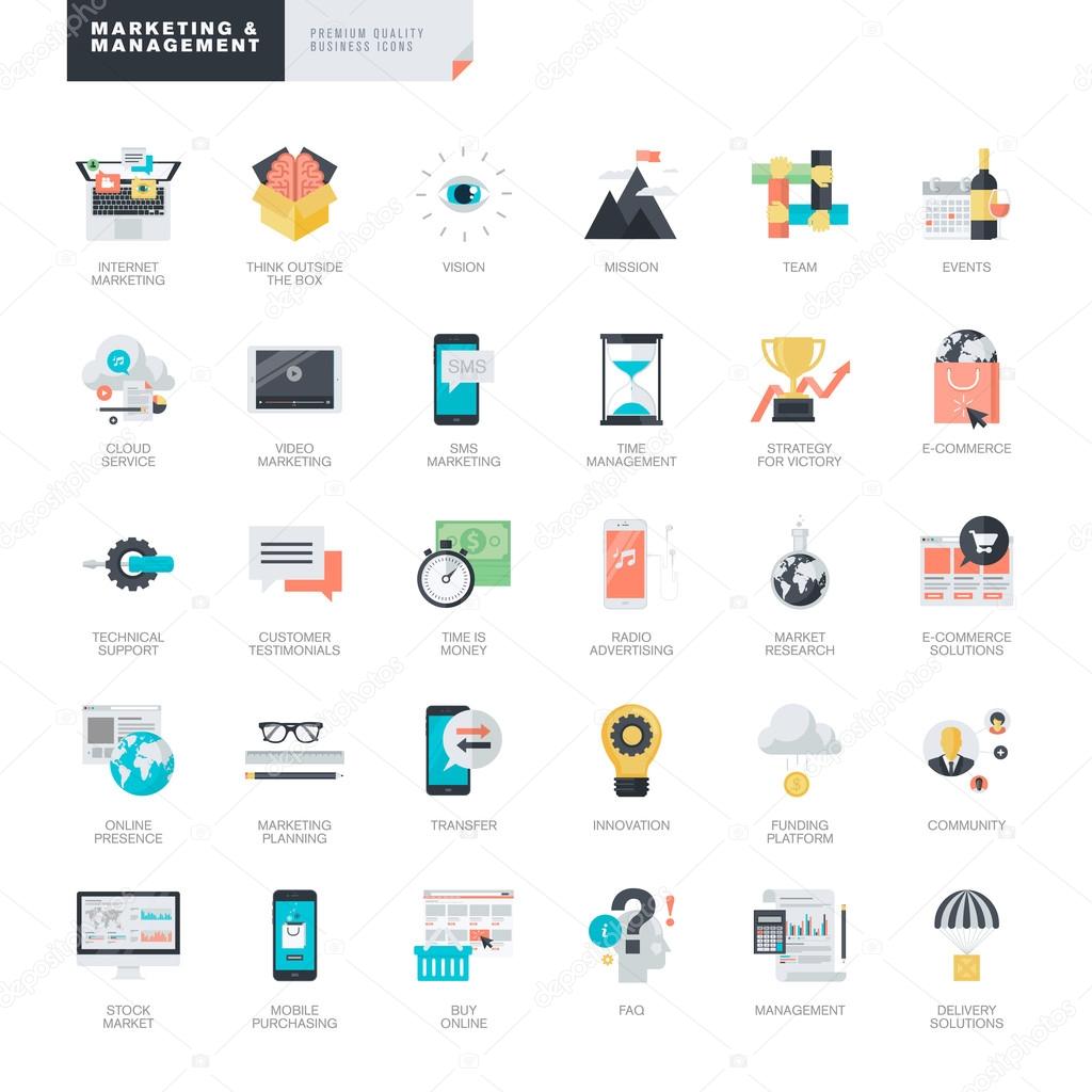 Set of modern flat design marketing and management icons for graphic and web designers