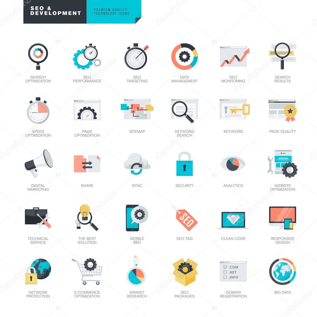 Set of modern flat design SEO and website development icons for graphic and web designers