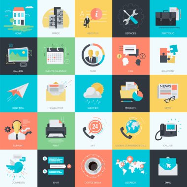 Grafik ve web tasarım için düz tasarım stili kavramı simgeler kümesi. Web sitesi tasarımı için temel simgeler