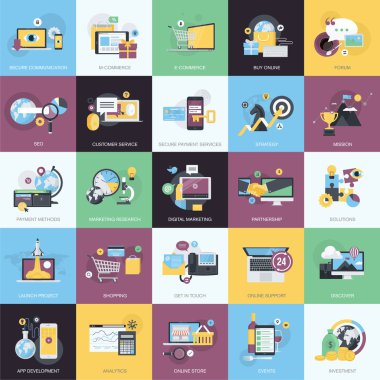 Düz tasarım stili kavramı simgeler bir konu e-ticaret, e-ticaret, iş, finans, Web sitesi ve uygulama geliştirme, Seo, dijital pazarlama, sosyal medya, etkinlikler.