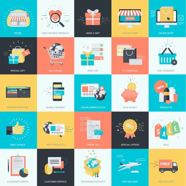 Conjunto de iconos conceptuales de diseño plano para diseño gráfico y web. Iconos para el comercio electrónico, m-commerce, compras en línea . — Vector de stock