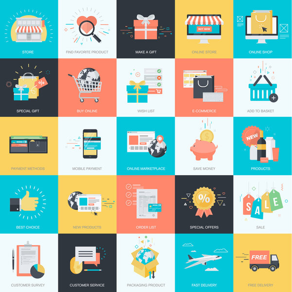 Set of flat design style concept icons for graphic and web design. Icons for e-commerce, m-commerce, online shopping.