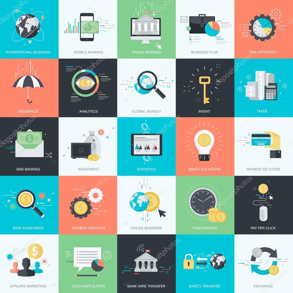 Set of flat design style concept icons for graphic and web design. Icons for finance, banking, m-banking, business, investment, marketing, e-commerce.