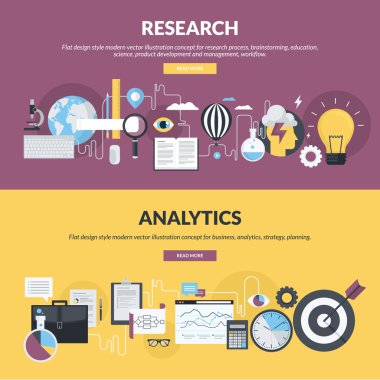 Düz tasarım stili kavramlar araştırma süreci, iş akışı düzeni, ürün geliştirme ve yönetimi, iş için ayarla, analytics, strateji, planlama