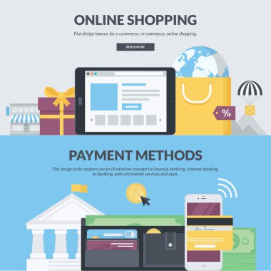 E-ticaret, e-ticaret, online alışveriş, finans, bankacılık, internet bankacılığı, m-bankacılık için düz tasarım stili kavramlar kümesi