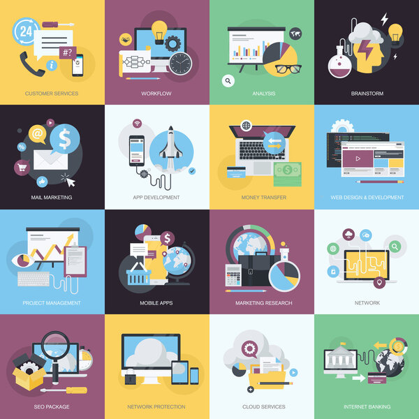 Flat design style concept icons on the topic of web design and development, business and marketing
