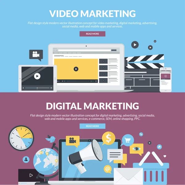 Eine Reihe von flachen Designstilkonzepten für Video Marketing, digitales Marketing, Werbung, soziale Medien, Web und mobile Apps und Dienstleistungen, E-Commerce, sem — Stockvektor