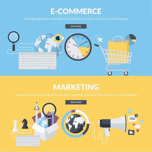 Σύνολο εννοιών στυλ επίπεδη σχεδίαση για το ηλεκτρονικό εμπόριο, m-commerce, online αγορές, μάρκετινγκ, κοινωνικών μέσων μαζικής ενημέρωσης, ψηφιακή διαφήμιση, internet μάρκετινγκ — Διανυσματικό Αρχείο
