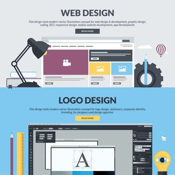 Ensemble de concepts de style design plat pour la conception et le développement web, la conception graphique, le développement d'applications, le référencement, la conception de logo — Image vectorielle