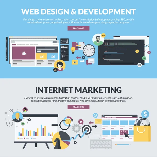 Web デザインと開発、およびインターネットのマーケティング サービスは、マーケティング会社から web 開発者、デザイン会社、デザイナーのフラットなデザイン スタイルの概念の設定します。 — ストックベクタ