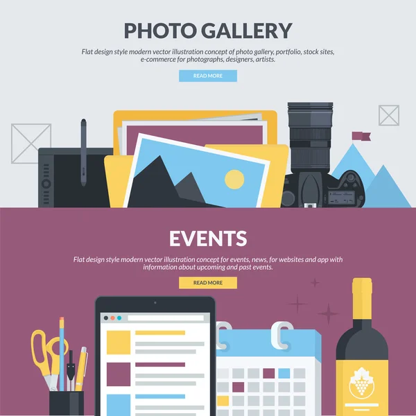 Set of flat design style concepts for photo gallery, portfolio, stock sites, e-commerce, events, news. — Stock Vector