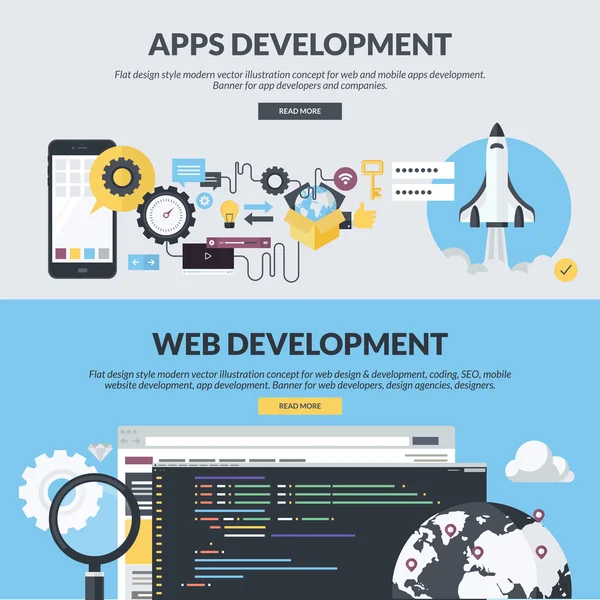 Verzameling platte ontwerp stijl concepten voor de websiteontwerp en ontwikkeling, app ontwikkeling, Seo, mobiele site ontwikkeling — Stockvector