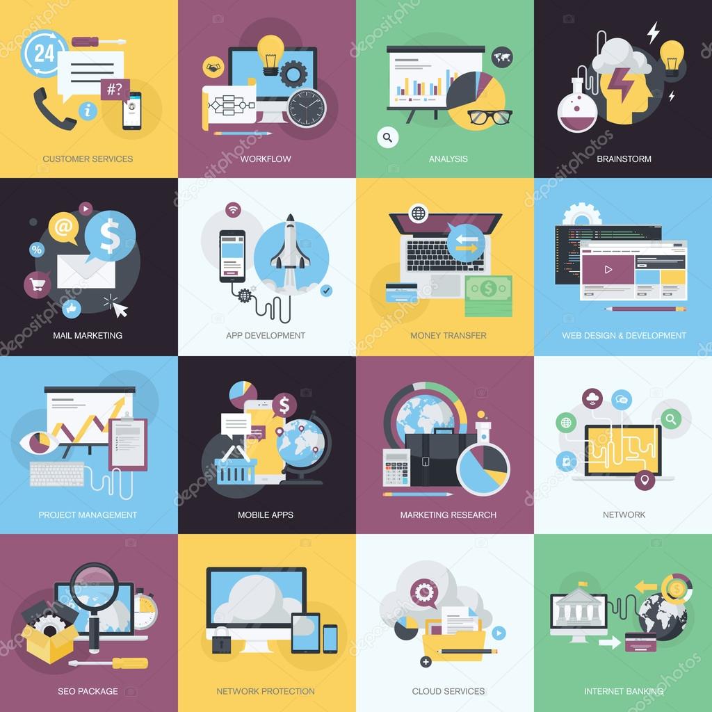 Flat design style concept icons on the topic of web design and development, business and marketing