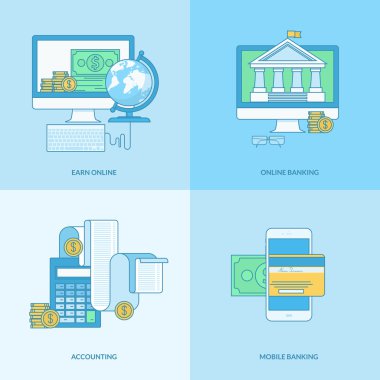 Düz tasarım öğeleri ile hat kavramı simge kümesi