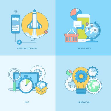 Düz tasarım öğeleri ile hat kavramı simge kümesi