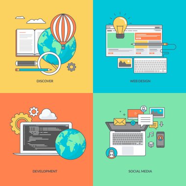 Web geliştirme ve sosyal medya konulu renkli simgeler kümesi