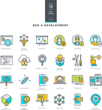 Seo ve web geliştirme için satır modern renk simge kümesi