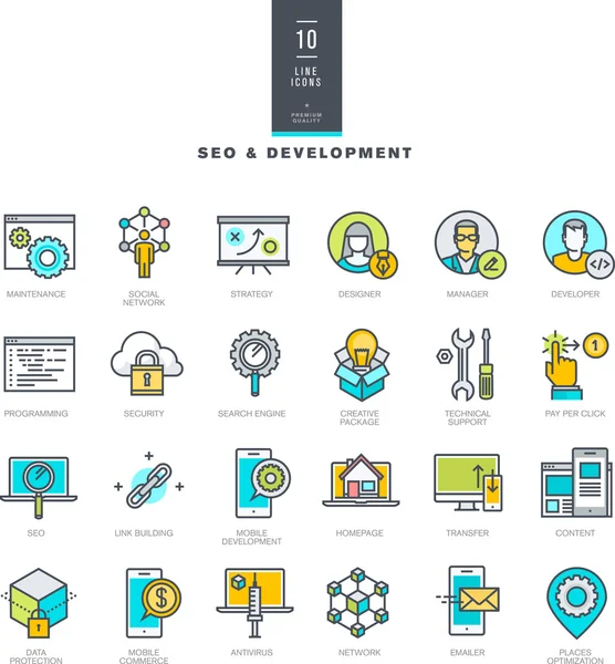 Conjunto de ícones de cores modernas de linha para SEO e desenvolvimento web — Vetor de Stock