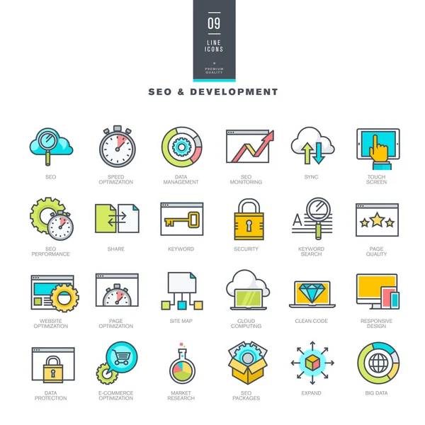 Conjunto de iconos de color modernos de línea para SEO y desarrollo de sitios web — Archivo Imágenes Vectoriales