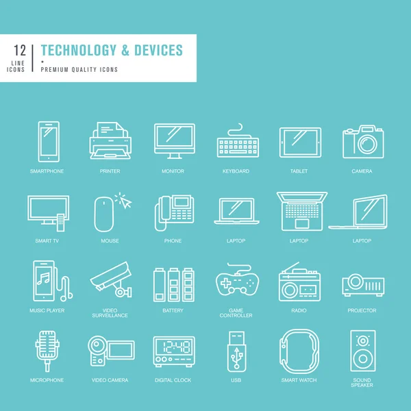 Conjunto de iconos web de líneas delgadas para la tecnología — Vector de stock