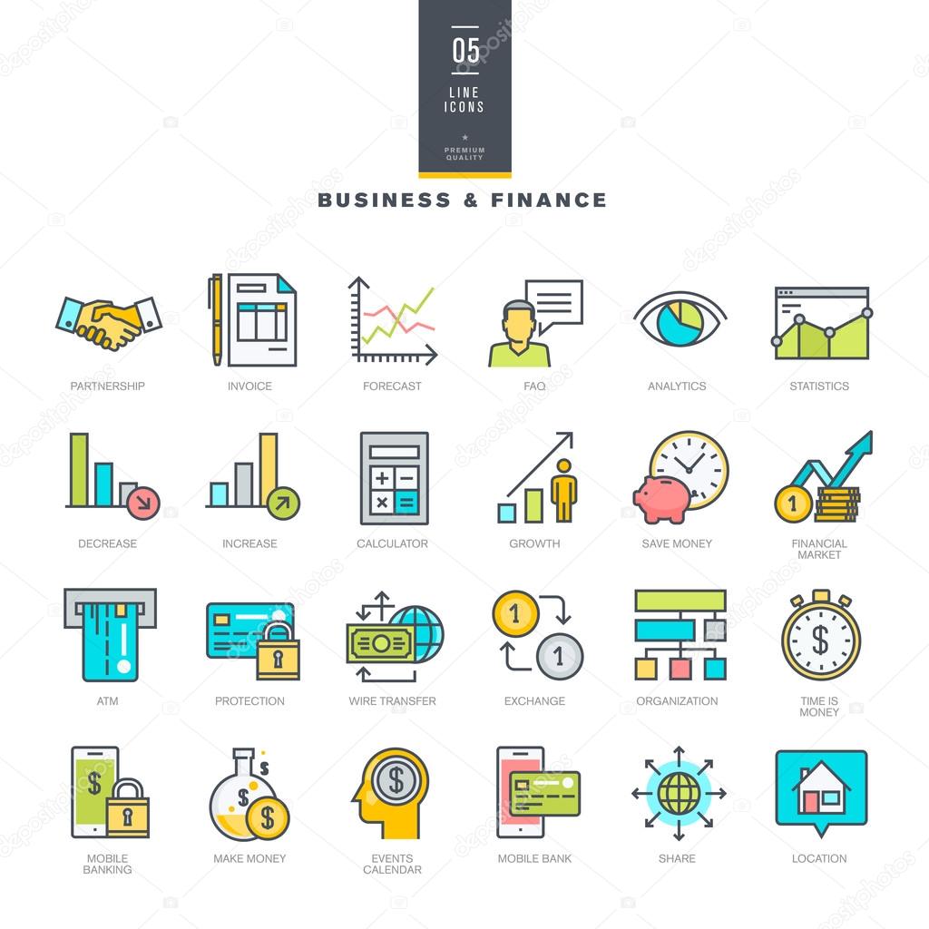 Set of line modern color icons for business and finance