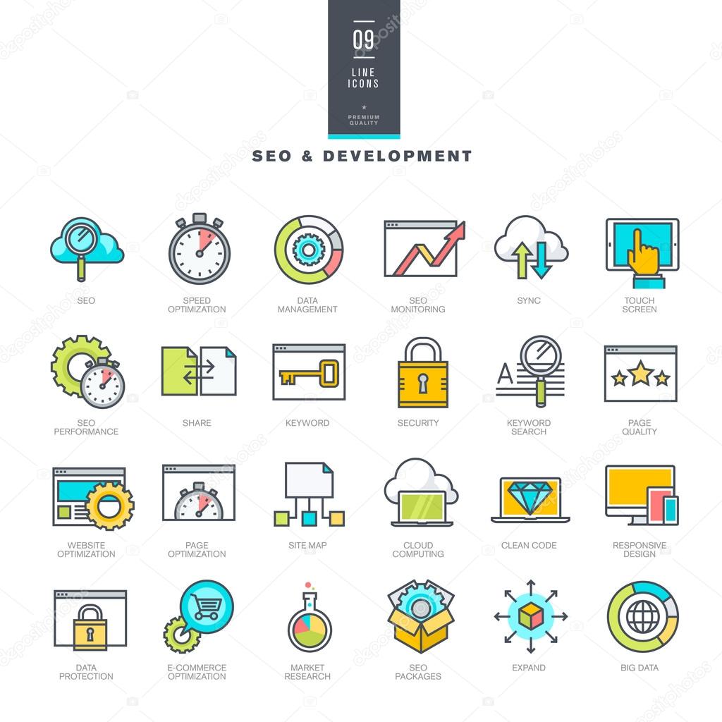 Set of line modern color icons for SEO and website development