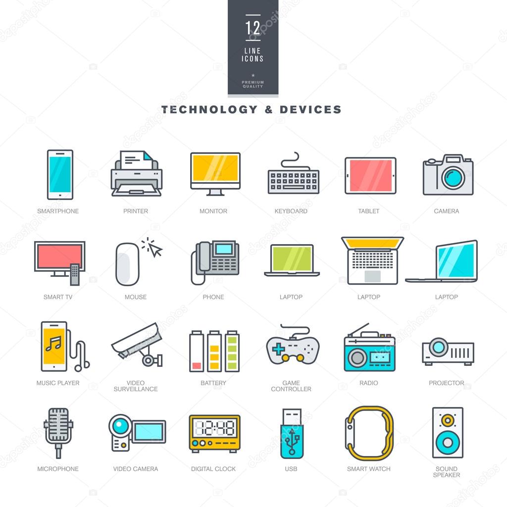 Set of line modern color icons for technology and electronic devices