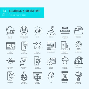 İnce çizgi Icons set. İşletme, pazarlama, e-ticaret için simgeler.