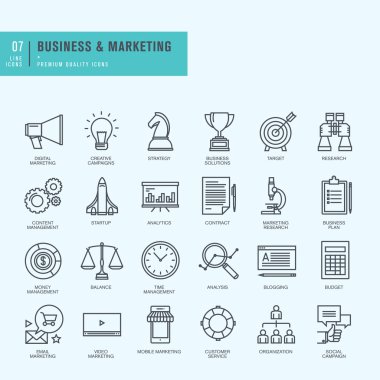 İnce çizgi Icons set. İş, dijital pazarlama için simgeler.