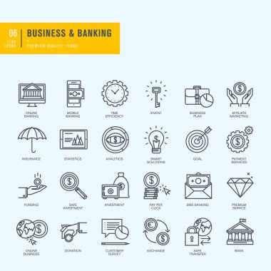 İnce çizgi Icons set. İş, bankacılık, e-bankacılık için simgeler.